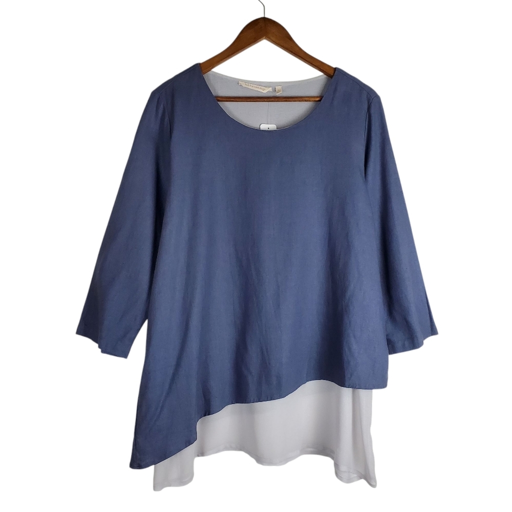 SOFT SURROUNDINGS Blue Asymmetrical Layered Linen Blend Tunic Top Size L
